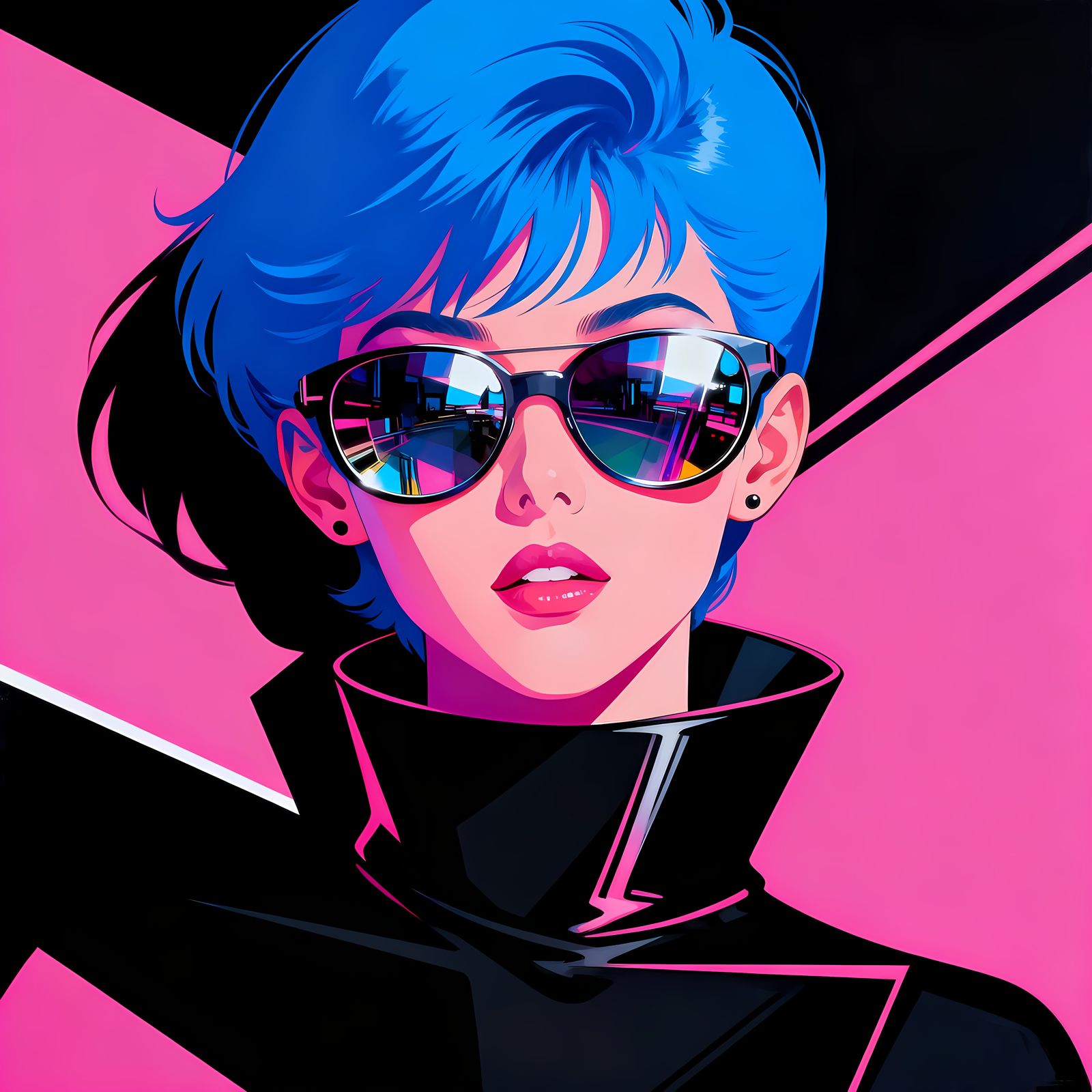 Blue Haired Girl in Retro-Futuristic Style with Mirrored Gla...