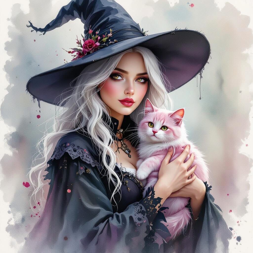 Gothic White Witch with Pink Cat in Watercolour Splash Art