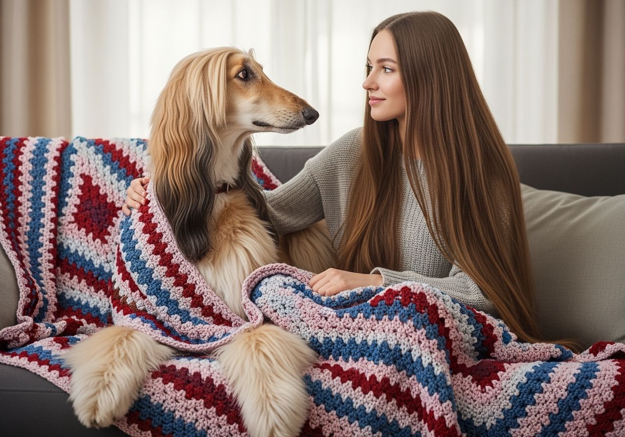 Elegant Afghan Hound and Woman Match in Cozy Portrait