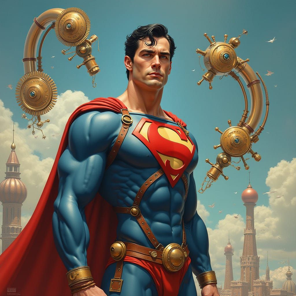 Muscular Steampunk Superman in Dreamlike Surrealist Landscap...
