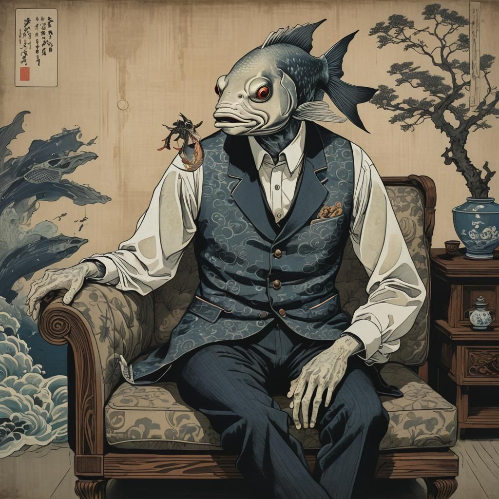 Anthropomorphic Fish in Ukiyo-e Dark Fantasy Painting