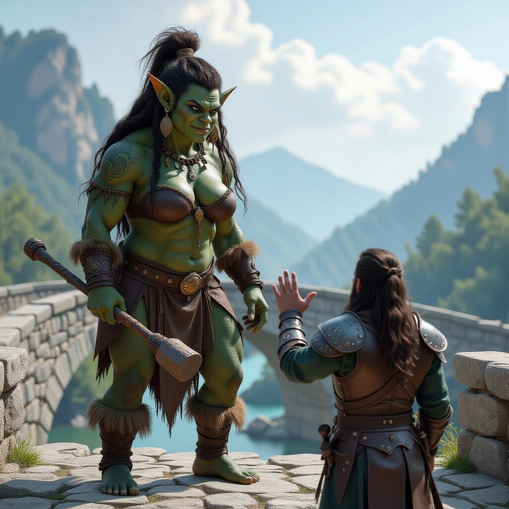 Muscular Female Troll Guards Stone Bridge From Above