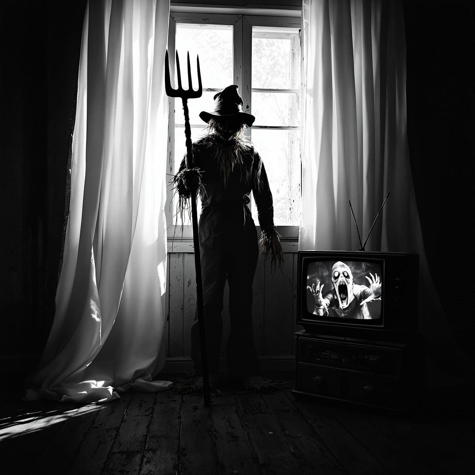 Scarecrow in Dramatic Chiaroscuro Lighting with Vintage TV