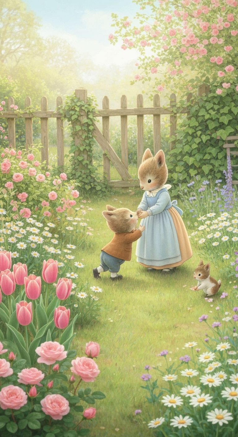 Felt Rabbits Tea Party in Overgrown Garden, Whimsical Illust...