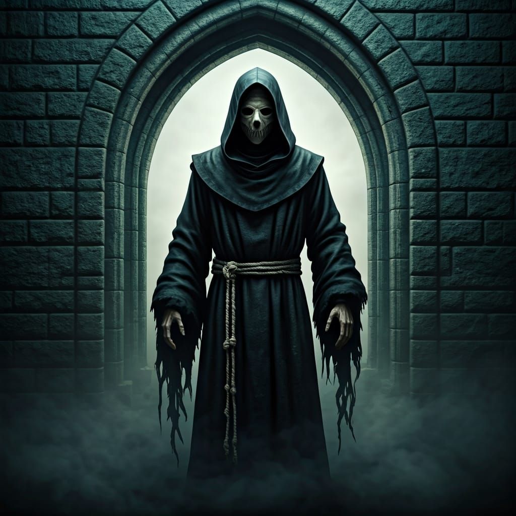 Mysterious Faceless Monk in Ruined Underdark Archway