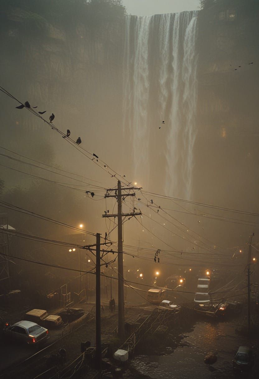 Birds on Wires Near Waterfall in Cinematic Style