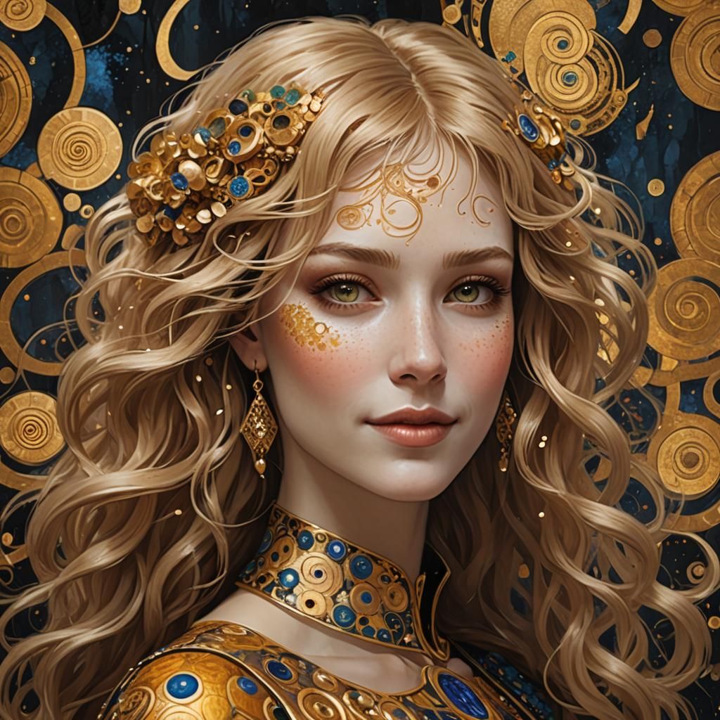 Flaxen Hair Girl Portrait in Klimt Style