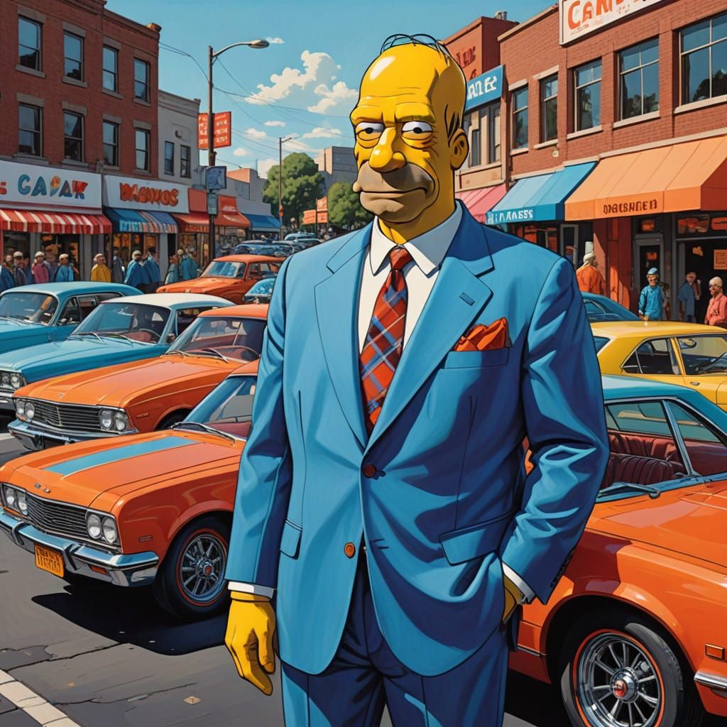 Retro Car Salesman Homer Simpson in Vibrant Polyester Suit