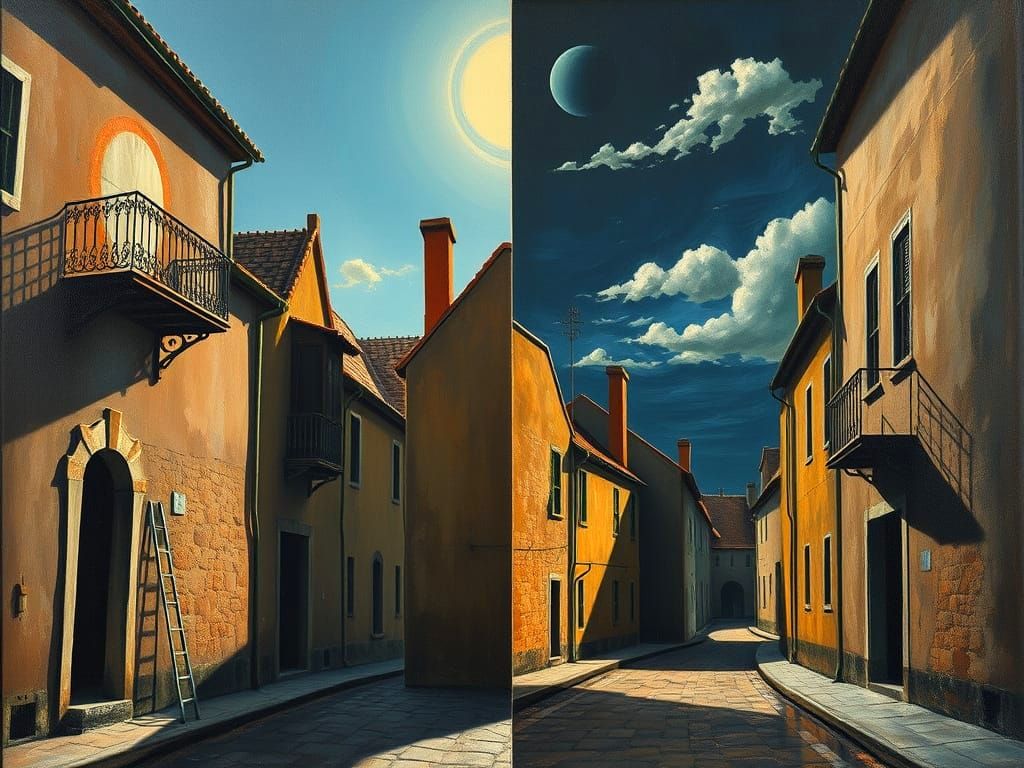 Surreal Village Street: Midday Sun Meets Midnight Shadow