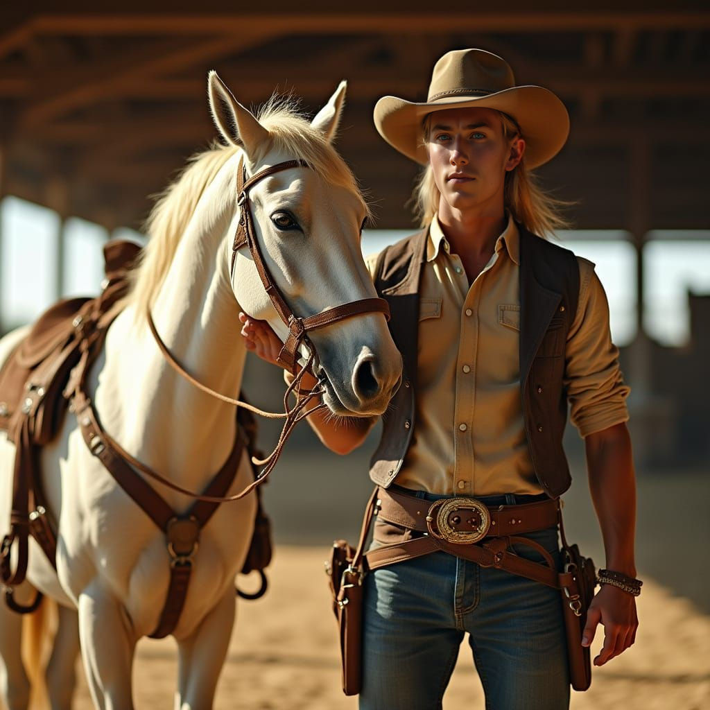 Cowboy and White Horse in Golden Light