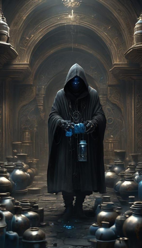 Mysterious Cloaked Figure with Glowing Liquid