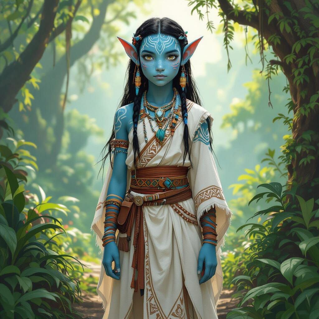 Young Na'vi Girl in Lush Forest: Digital Concept Art