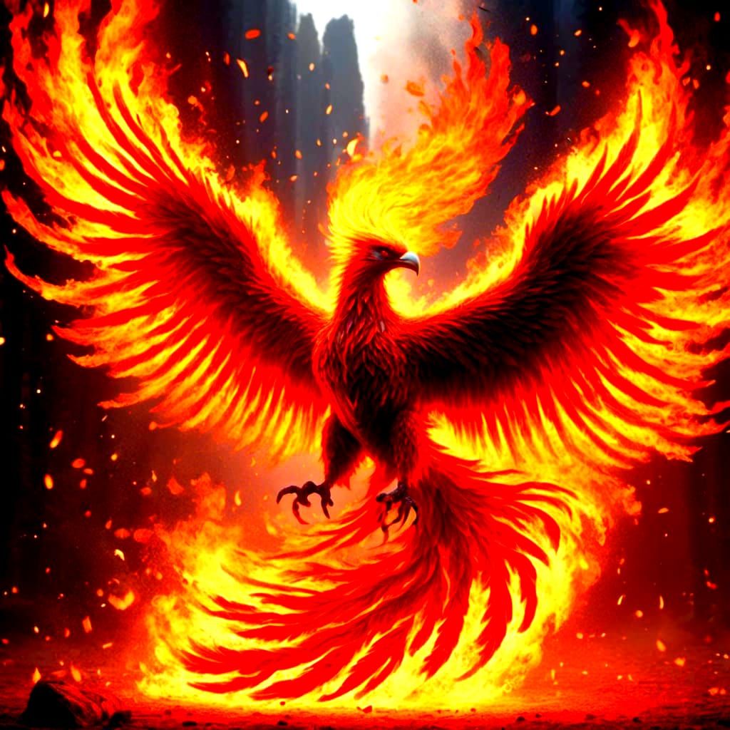 Phoenix Rising from Bonfire with Fiery Wings