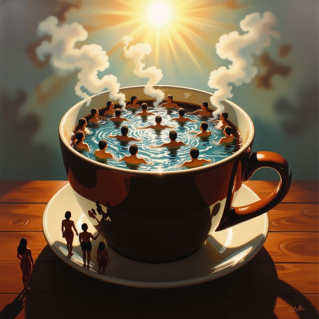 Surreal Oil Painting of People Swimming in Giant Coffee Cup