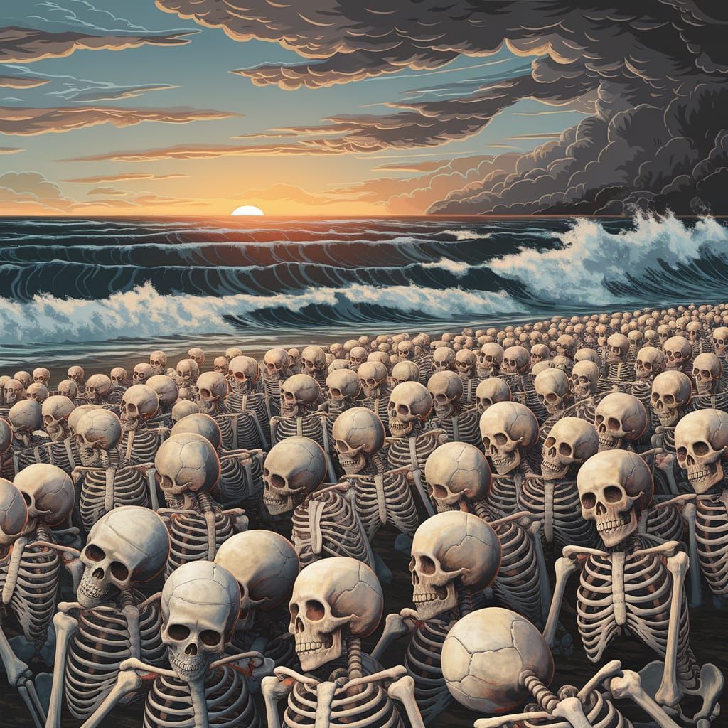 Skeletons Gather on a Beach at Sunset