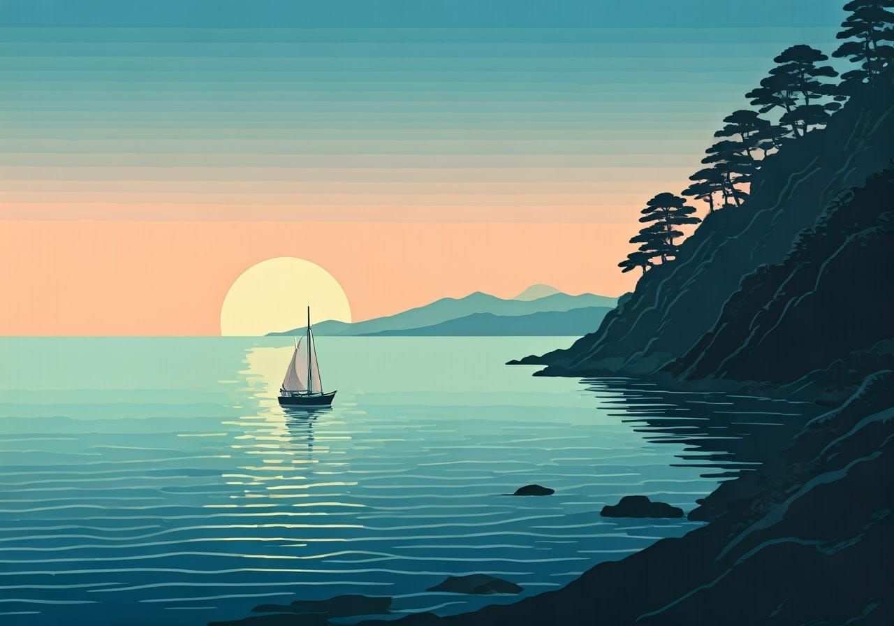 Japanese Coast Sunset in Ukiyo-e Style