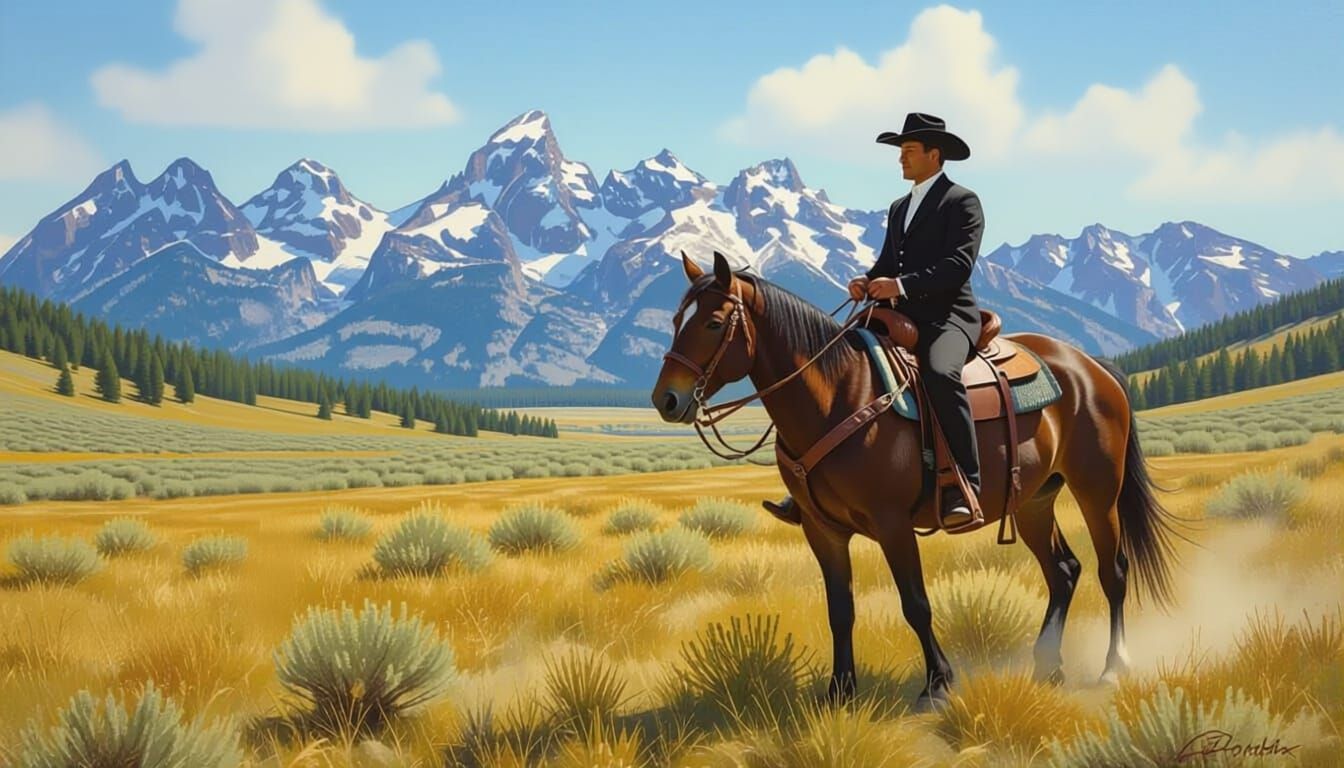 Man Rides Mule Through Mountain Meadow in Oil Painting Style