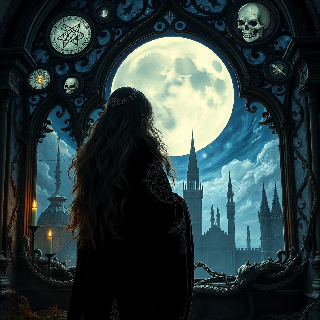 Sorceress Gazing at Moonscape in Gothic Castle