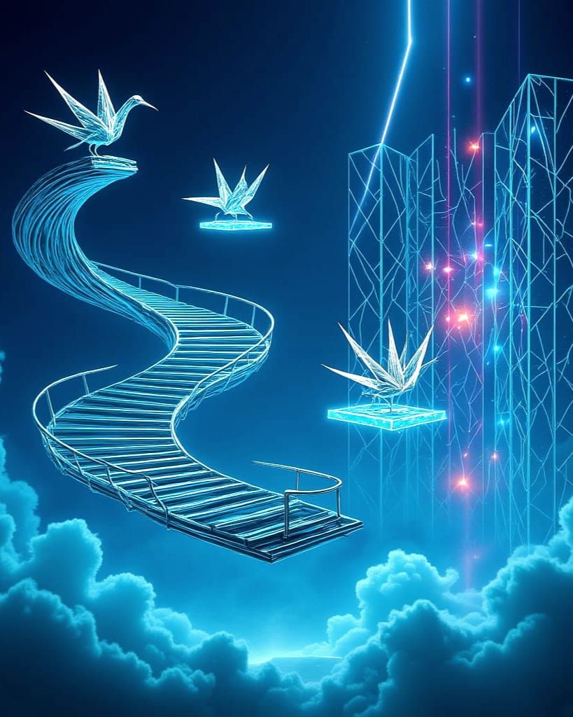 Surreal Floating Staircase with Origami Birds