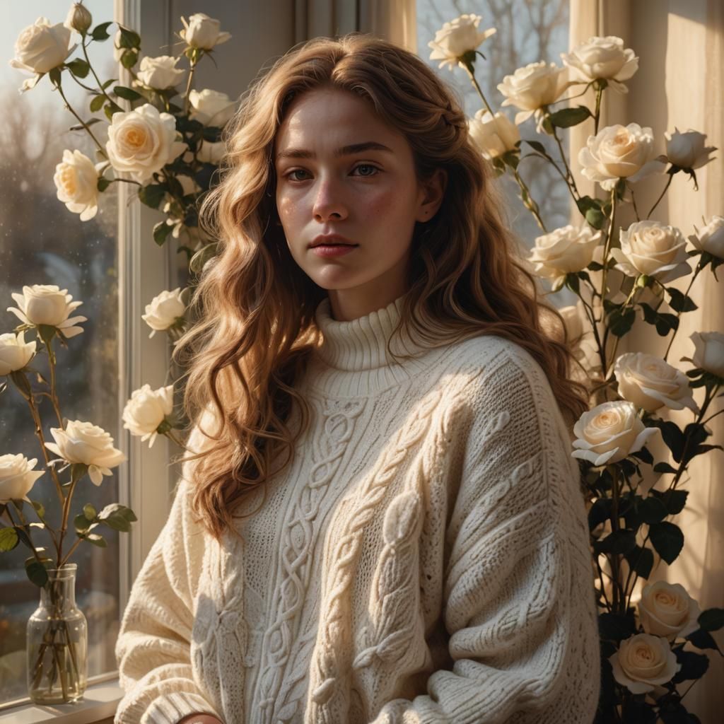 Dreaming Woman in Mohair Sweater, Photorealistic Concept Art
