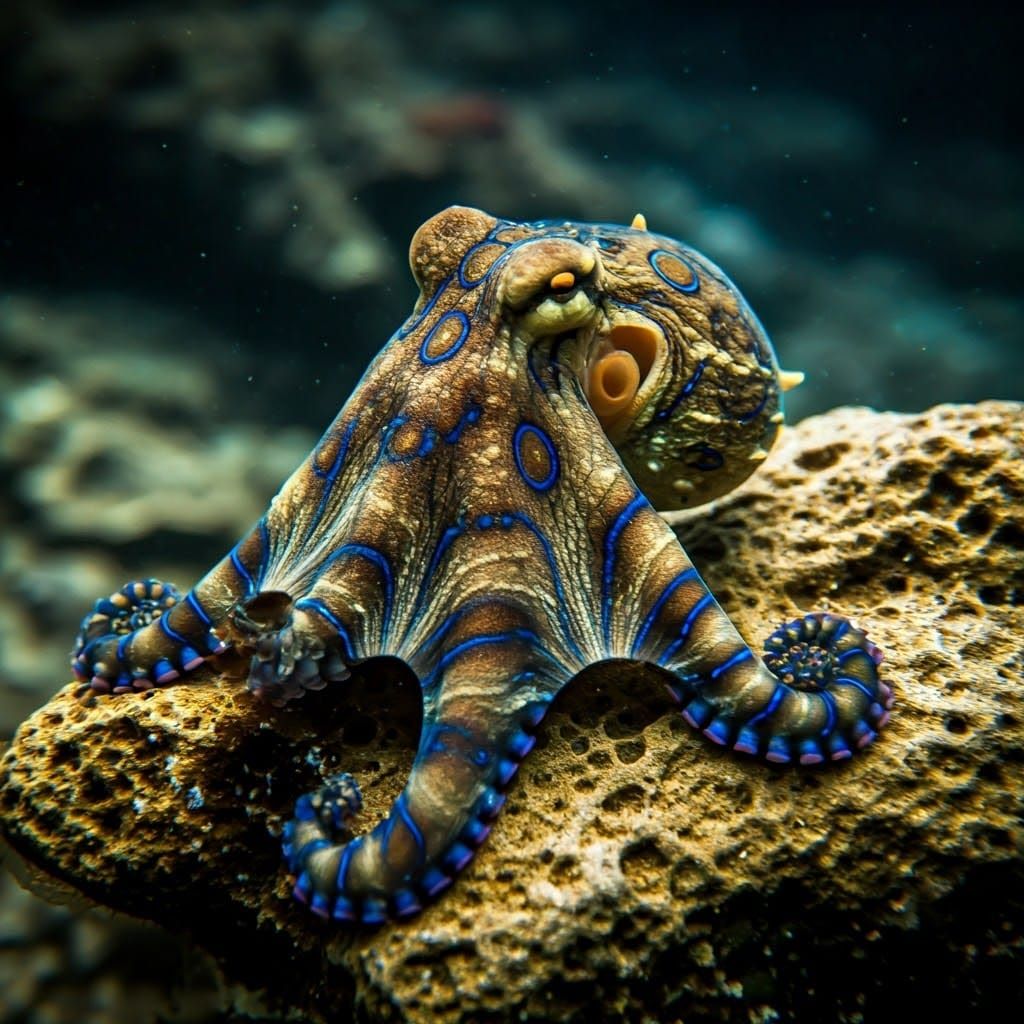 Vibrant Blue-Ringed Octopus on Rocky Seafloor