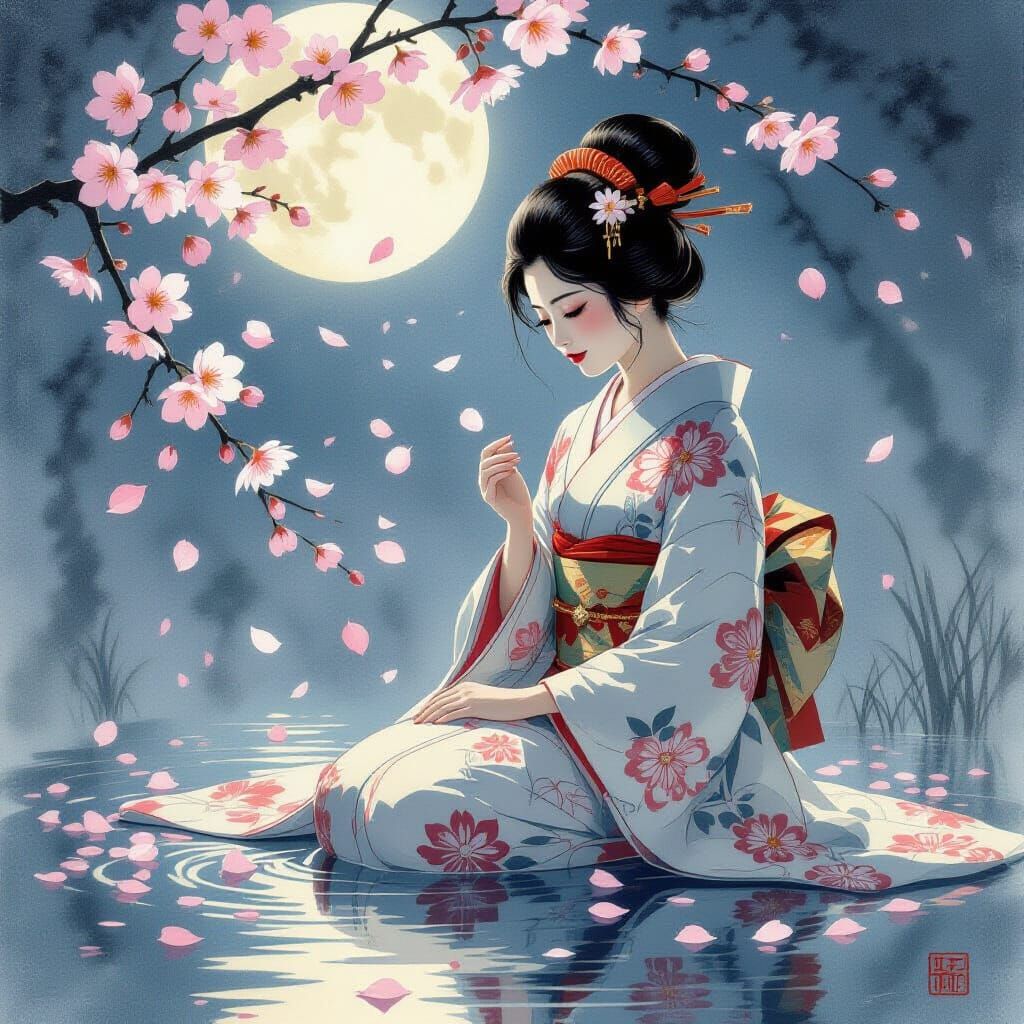 Woman in Cherry Blossom Moonlight, Ukiyo-e Style