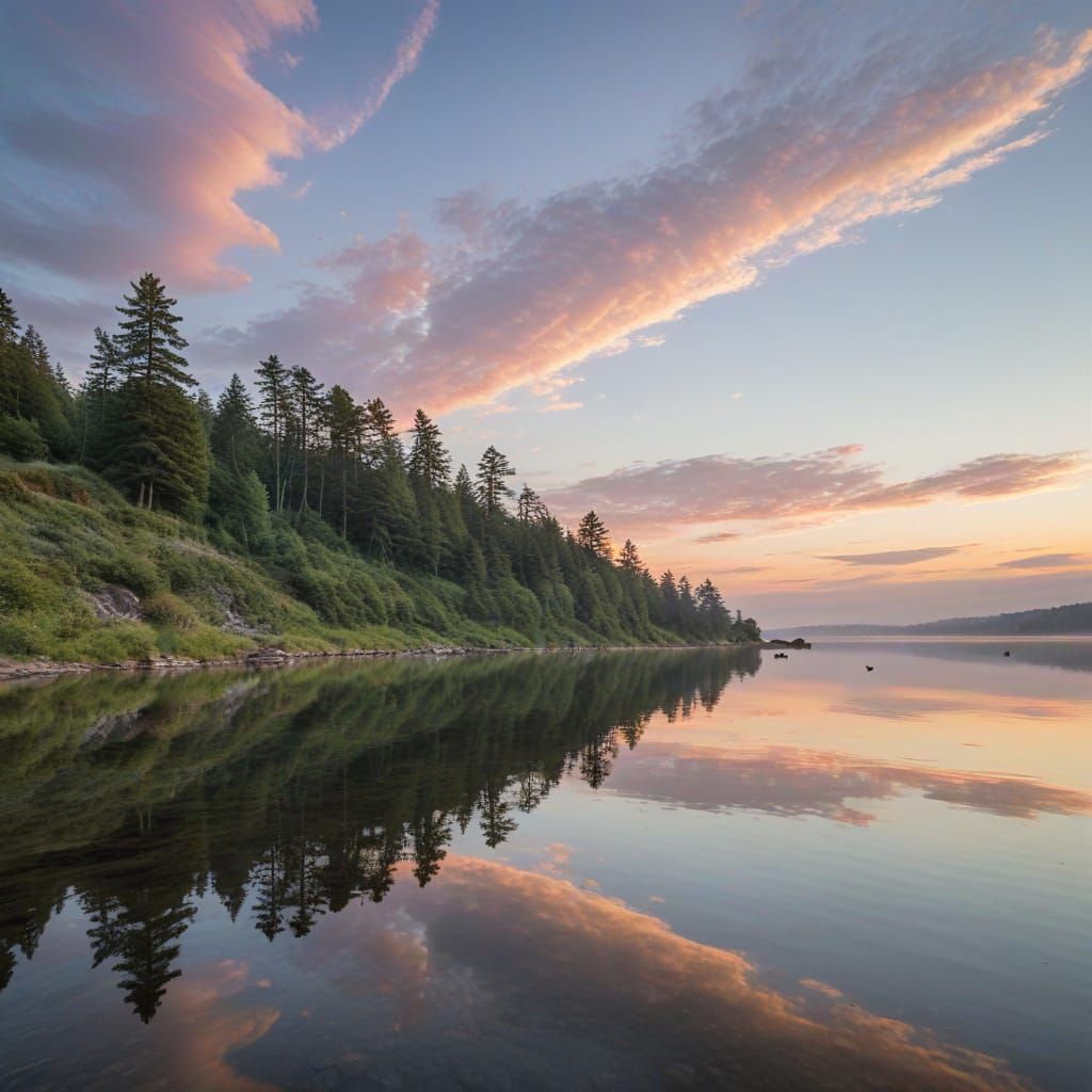 Tranquil Lakeshore at Dawn with Pastel Sky