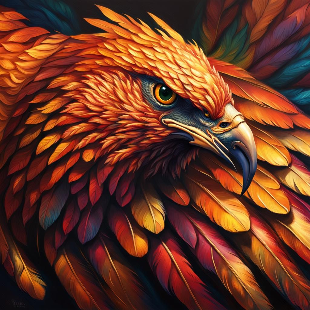Majestic Rainbow Phoenix Concept Art in Oil Painting