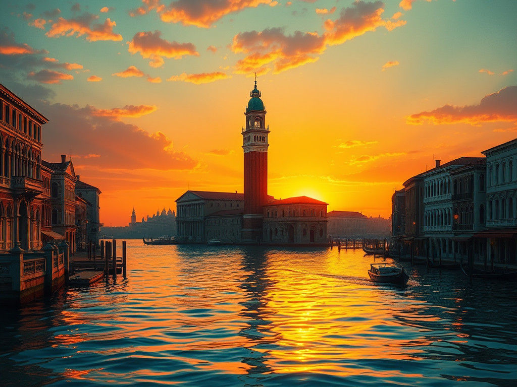 Venice Sunset with Lighthouse in Neo-Impressionistic Style