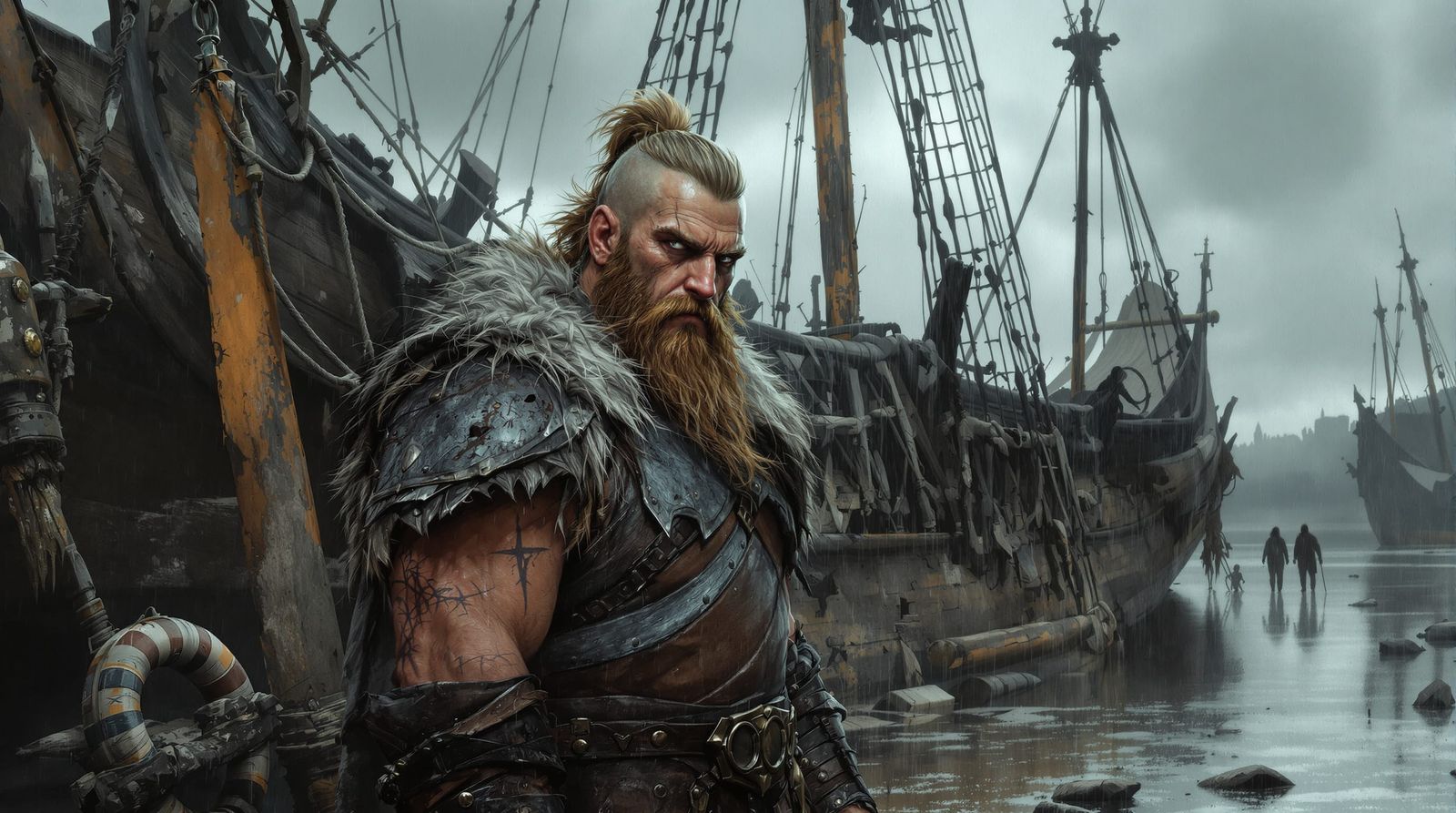 Viking Warrior by Ship in Rainy Harbor
