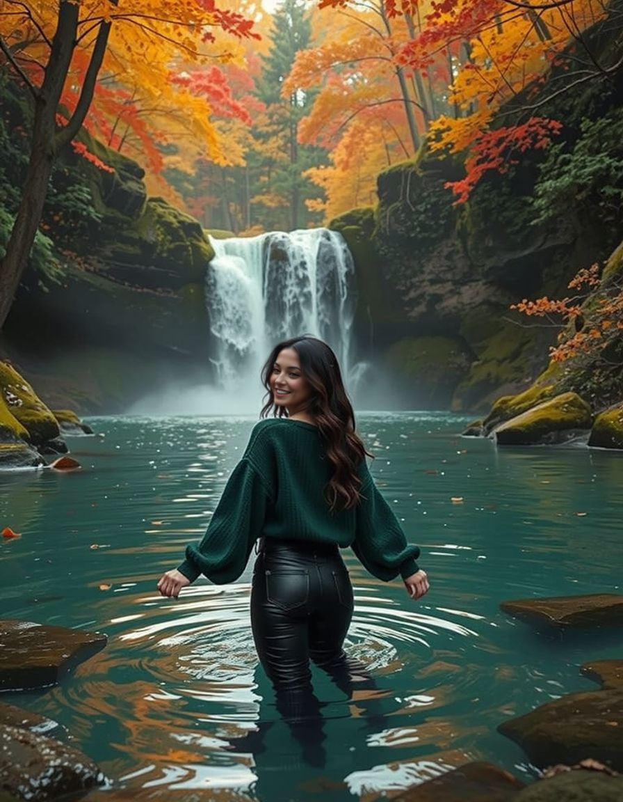 Mystical Autumn Waterfall With Woman in Forest