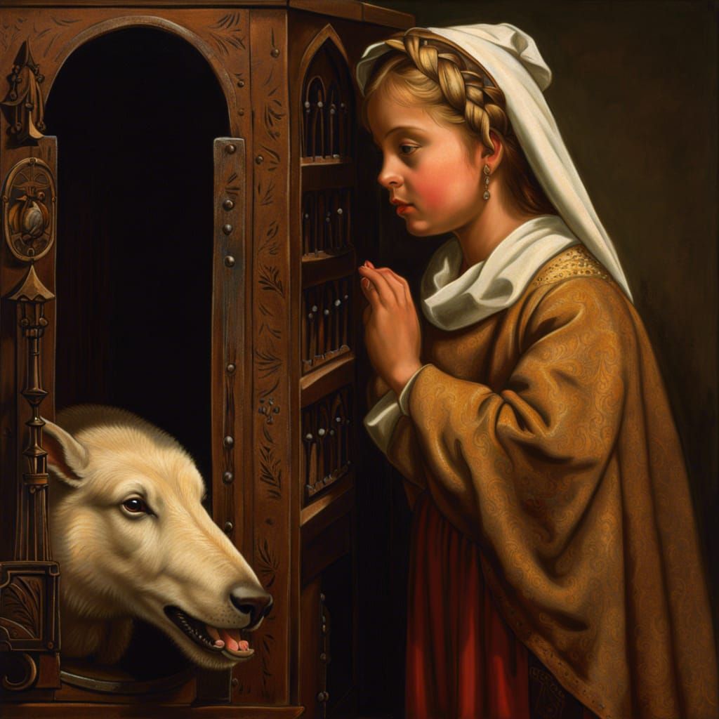 Girl at Confessional in Religious Style