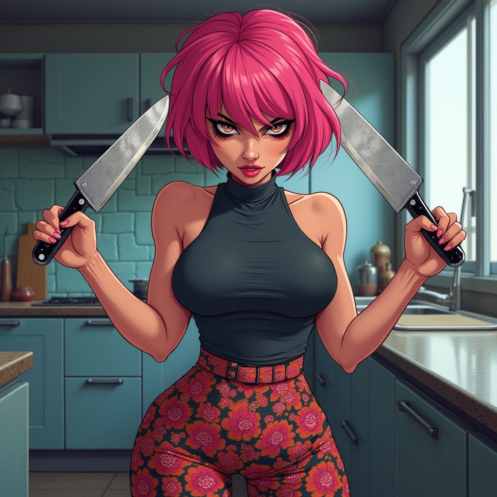 Sultry Woman Wields Knives in Vibrant Kitchen