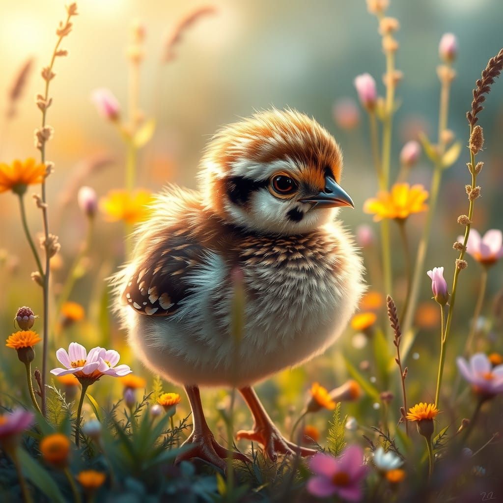Hyperrealistic Quail Chick in Vibrant Wildflower Meadow