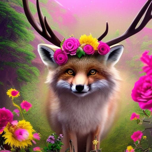 Cute Fox with Antlers and Flowers