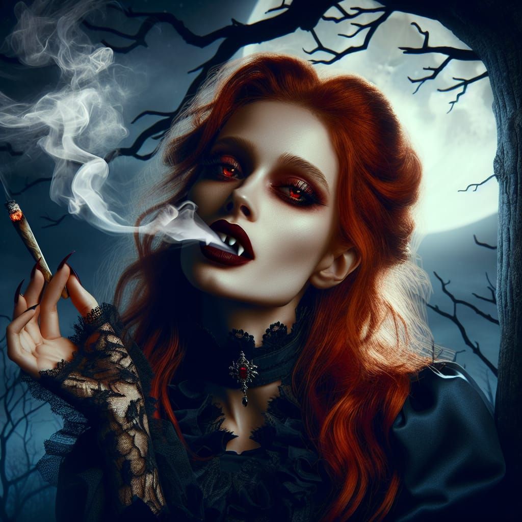 Gothic Vampire Woman Smoking in the Night