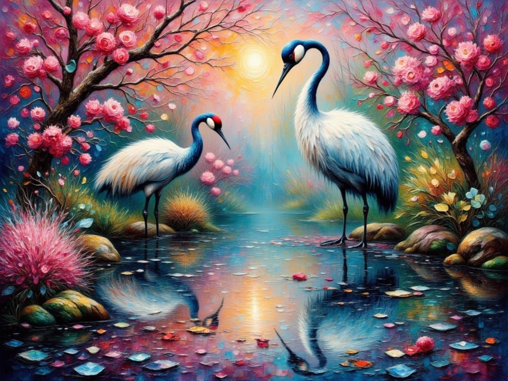 Artistic Cranes in a Secret Garden