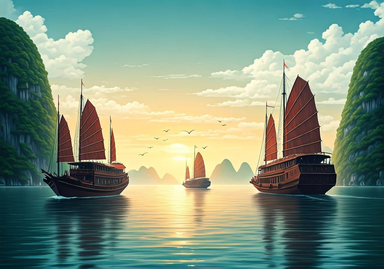 Serene Sunset Scene with Junk Ships