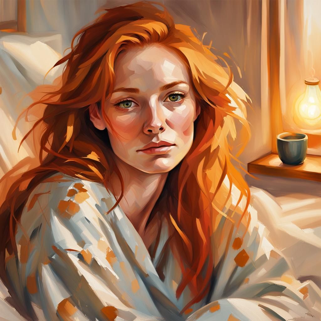 Cozy Bedroom Oil Painting of Ginger-Haired Girl