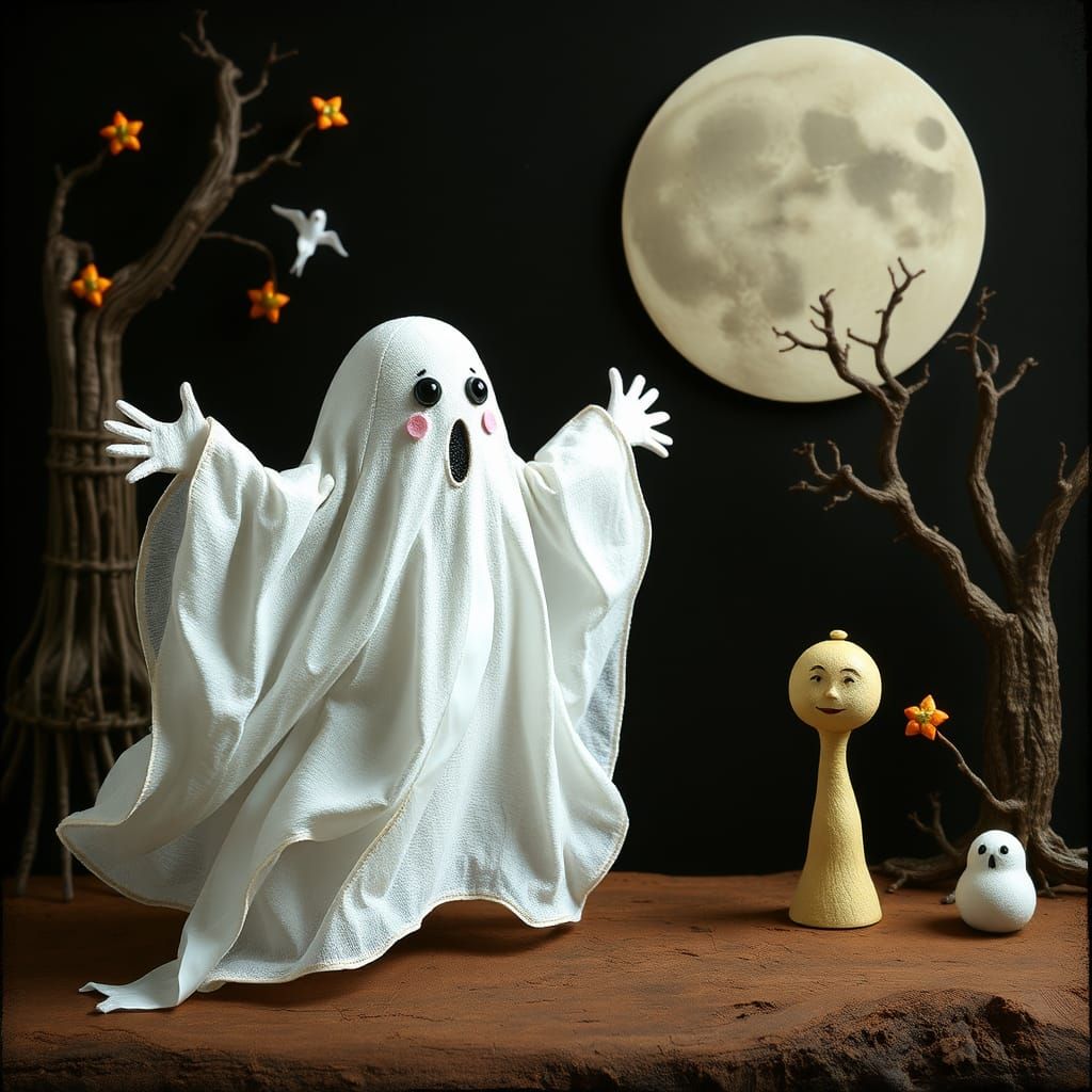 Playful Paper Mache Ghost in Surreal Style