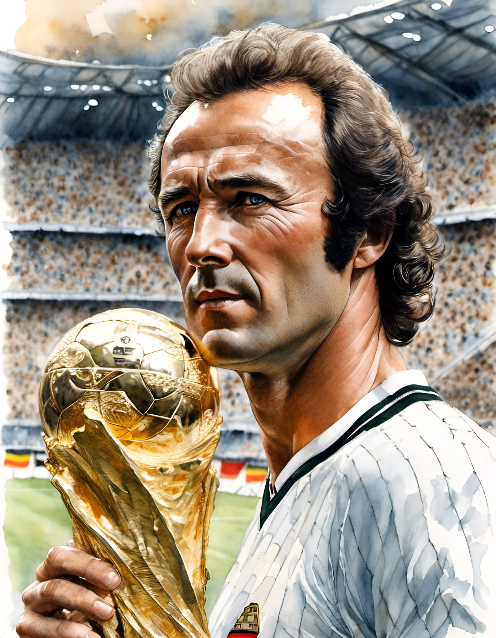Franz Beckenbauer Holding World Cup in Watercolor Style