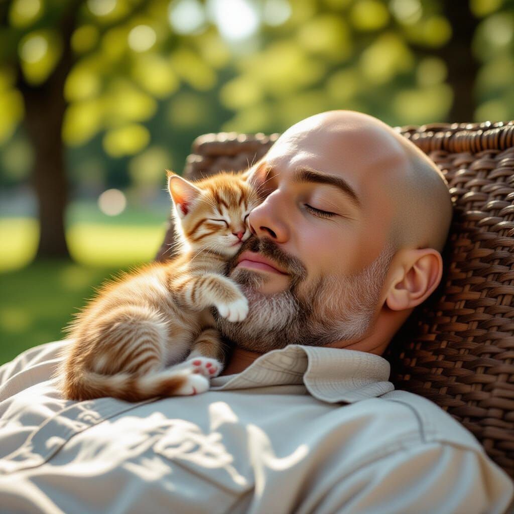 Tiny Kitten Sleeps On Man's Head in Sunny Park
