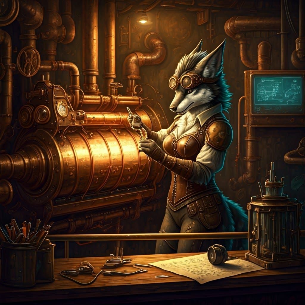 Steampunk Primagen Furry Tinkering with Engine