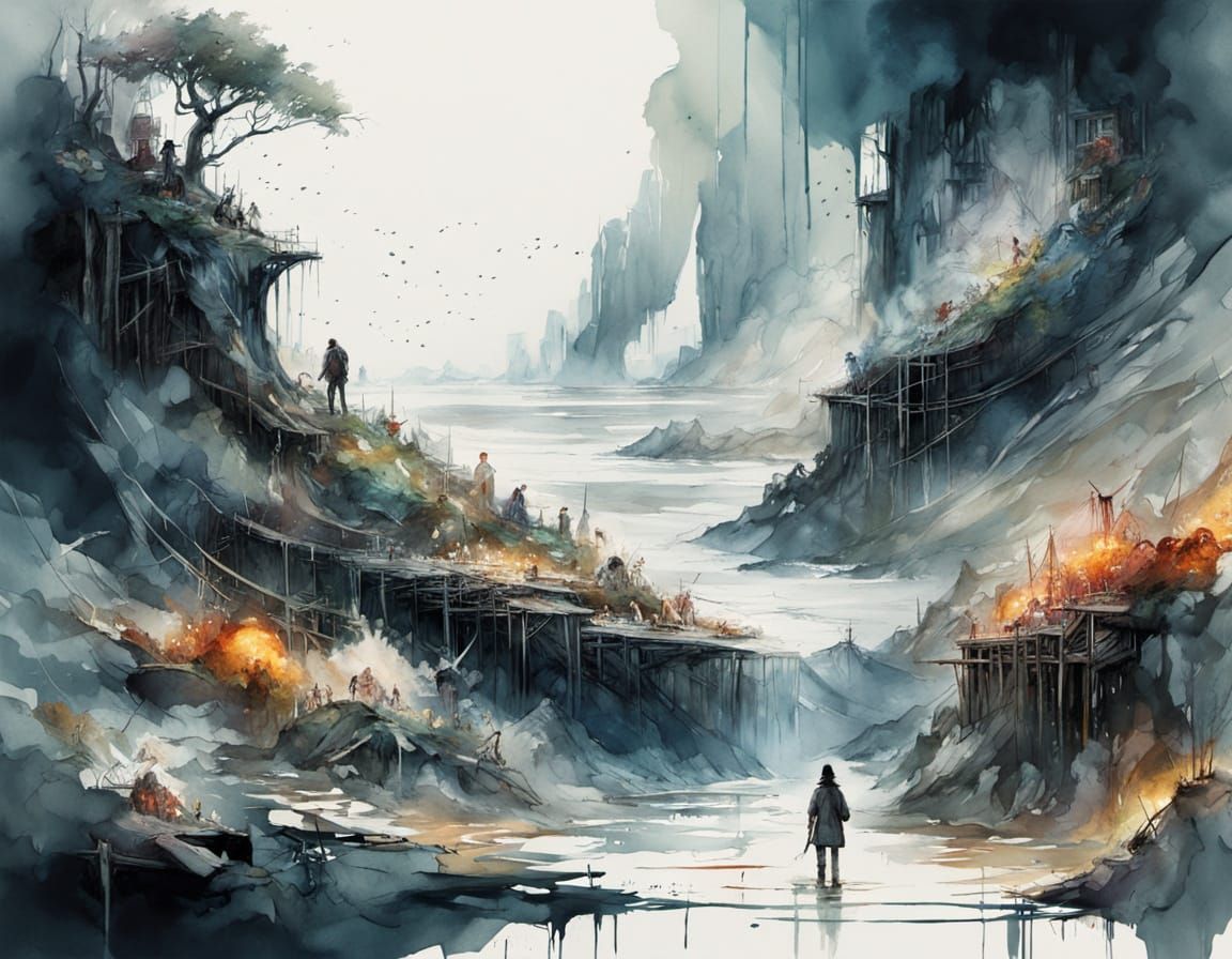 Giant Among Tiny People in Ethereal Watercolour