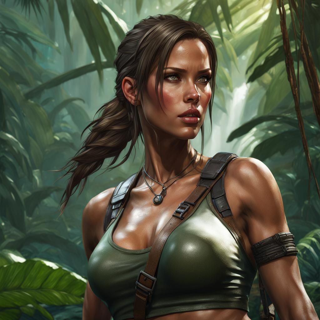 Lara Croft Exploring Jungle, Hyperdetailed Portrait