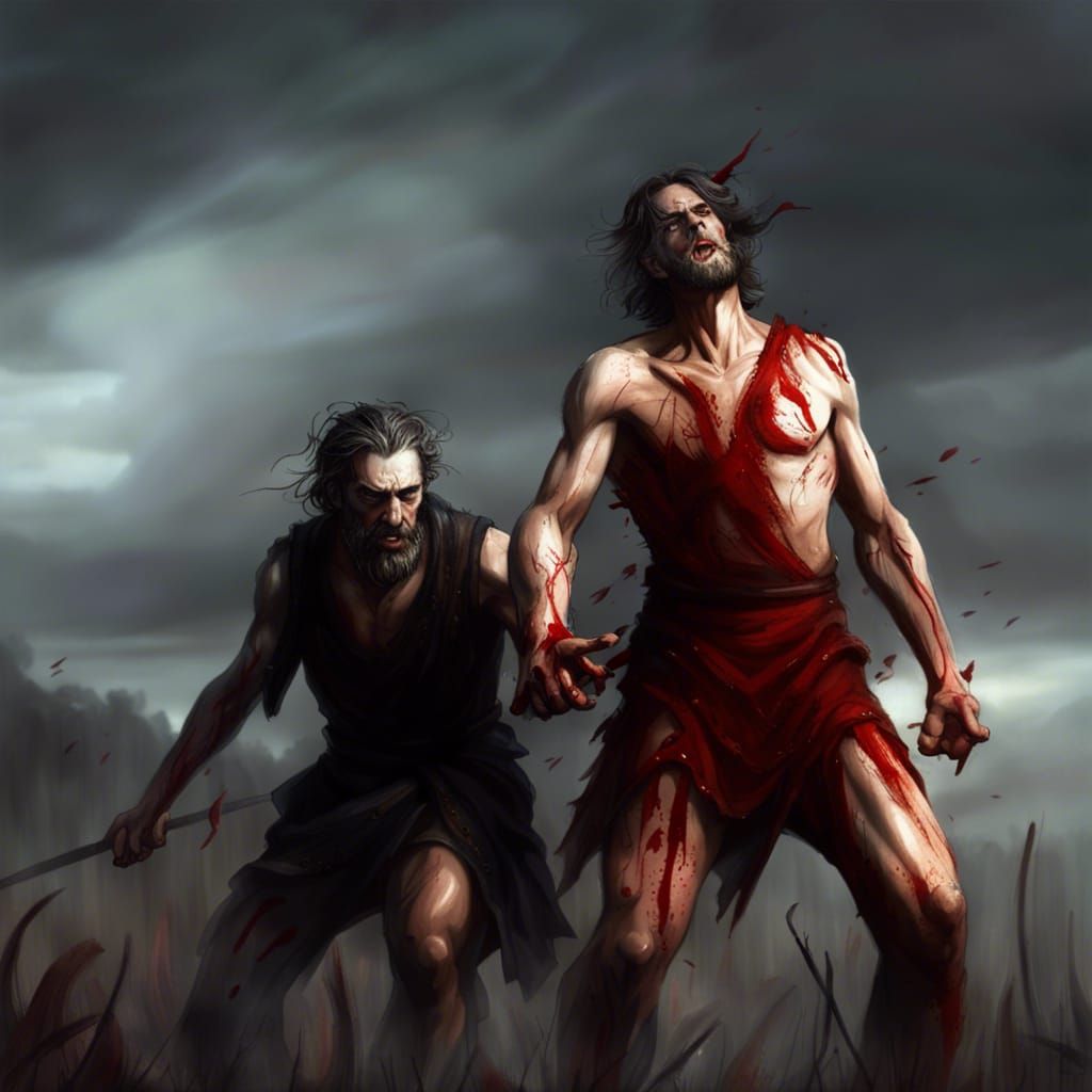 Cain Slaying Abel in a Gothic Hyperrealistic Style