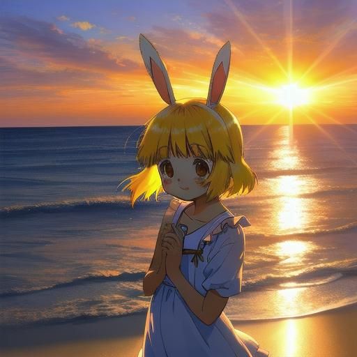 Woman on Beach at Sunset with Bunny