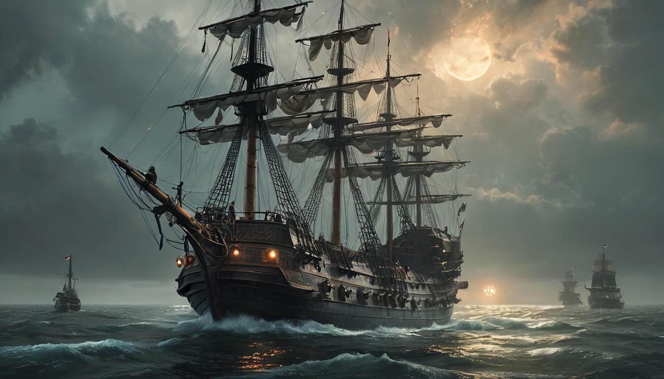 Futuristic VOC Ship Moored on Stormy Sea