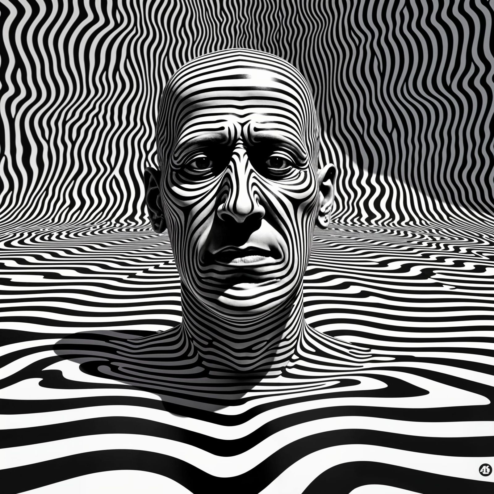 Surreal Optical Illusion Portrait Rises from Striped Floor