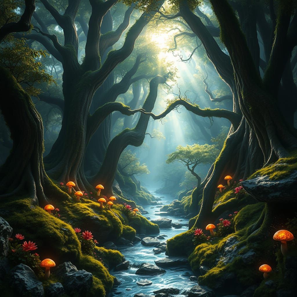 Enchanted Glade with Luminous Flora and Gnarled Trees